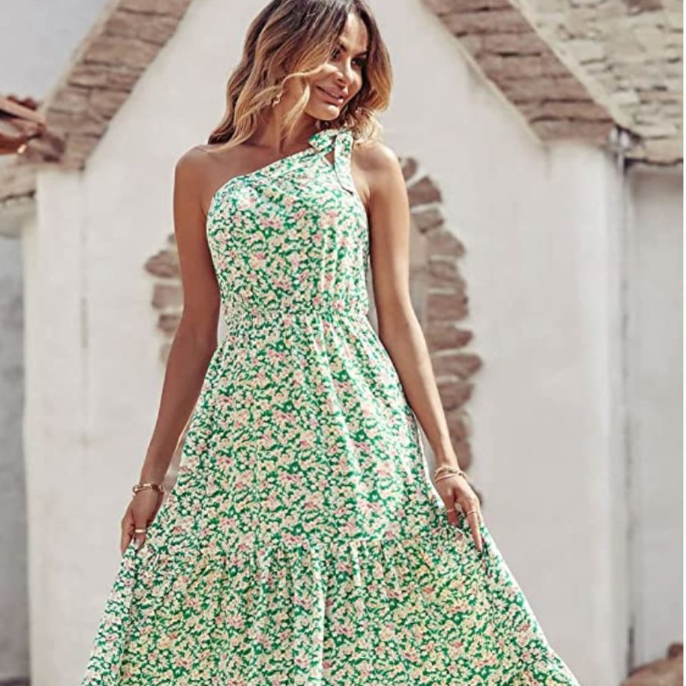 Women's Summer Floral Dress One Shoulder Sleeveless Knot Ruffled Hem Flowy Bohem